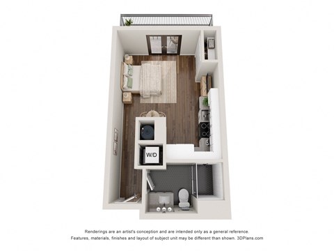 A 3D floor plan of a small apartment with a kitchen, living room, and bathroom.